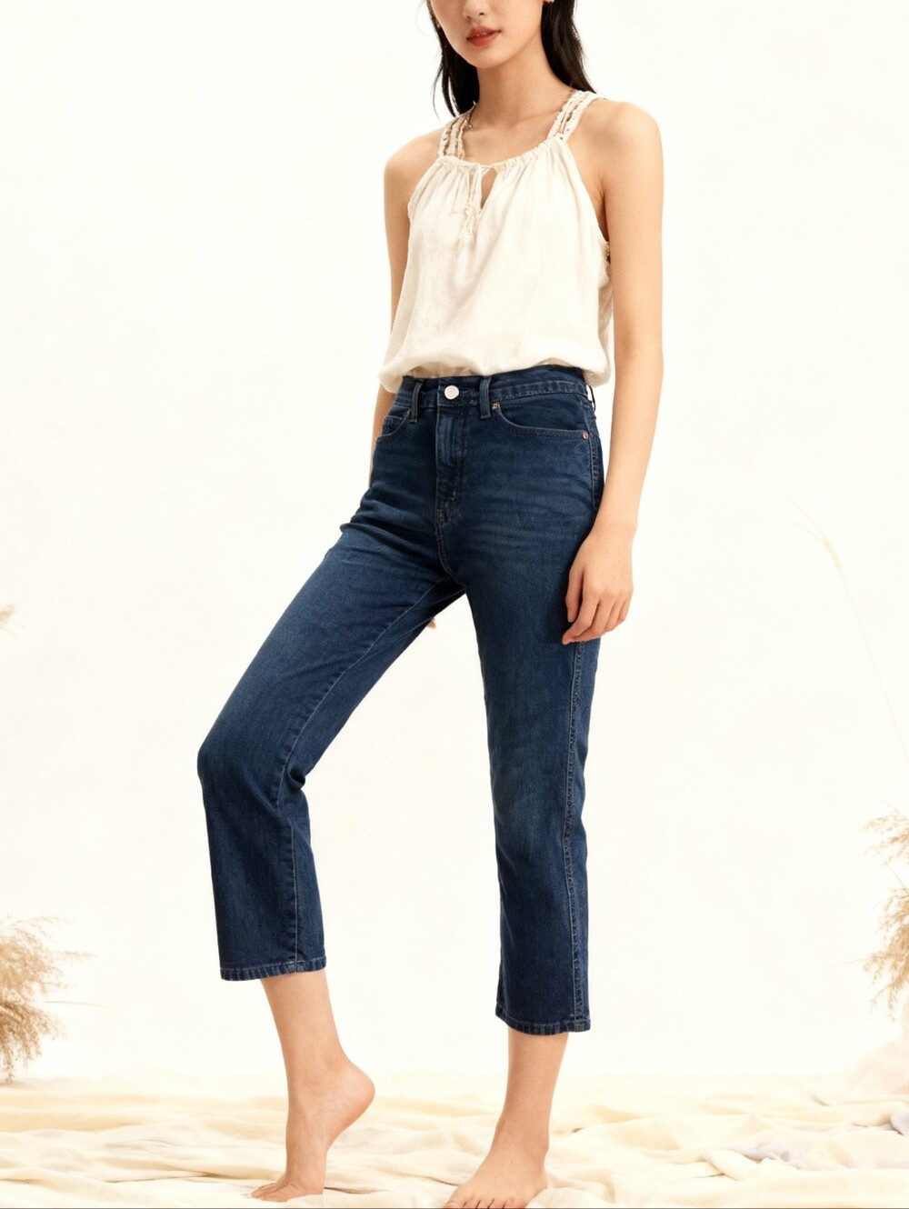 LEVI STRAUSS & CO High Rise Straight Cropped Denim Jeans Stretch Dark Blue Sz4